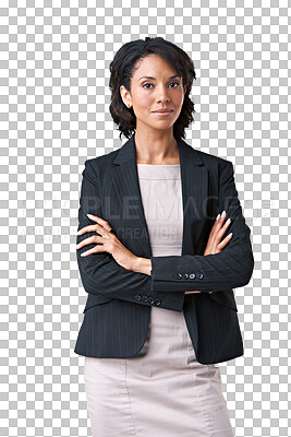 Buy stock photo Accountant, portrait and woman with arms crossed isolated on a transparent png background. Confidence, professional and entrepreneur, auditor and person from Brazil with pride for serious business.