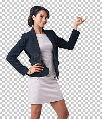Buy stock photo Portrait, confident and woman in presentation of business with hand, gesture or pointing on isolated, transparent or PNG background. Happy, businesswoman and showing in training for corporate