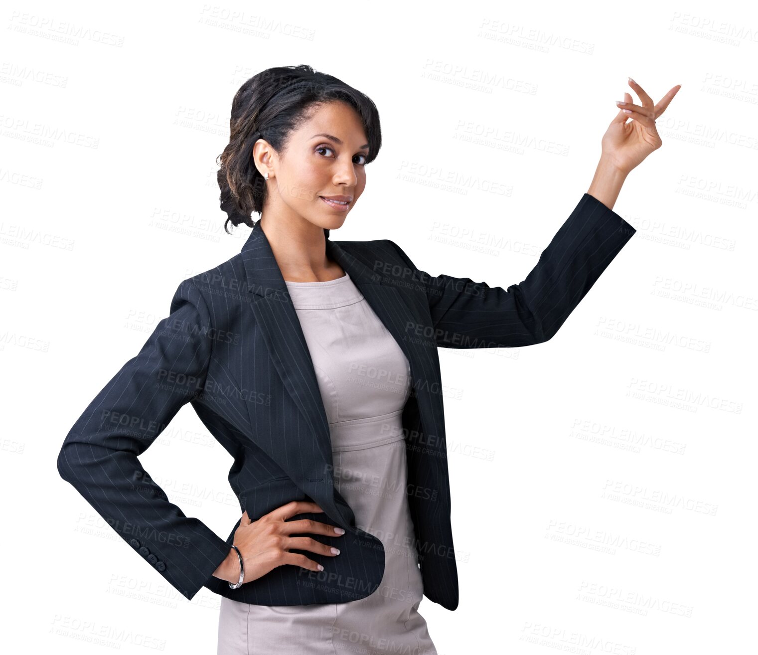 Buy stock photo Portrait, woman and advice in presentation of business with hand, gesture or pointing on isolated, transparent or PNG background. Option, businesswoman and training for corporate or executive