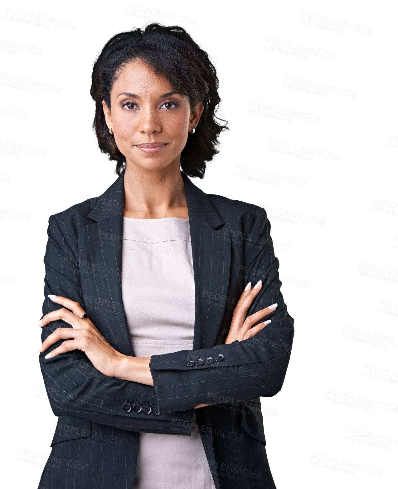 Buy stock photo Boss, portrait and businesswoman with crossed arms for confidence, leadership and management. Professional, leader and African female corporate lawyer or ceo isolated by a transparent png background.