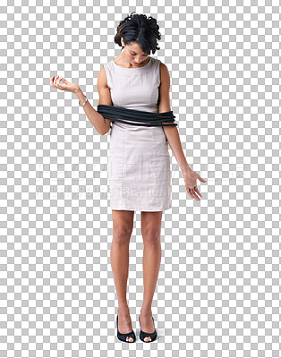 Buy stock photo Stuck, businesswoman with a rope around her body isolated and against a transparent png background. Movement tied up, corporate and confused or tangled female person with ropes or wire around her