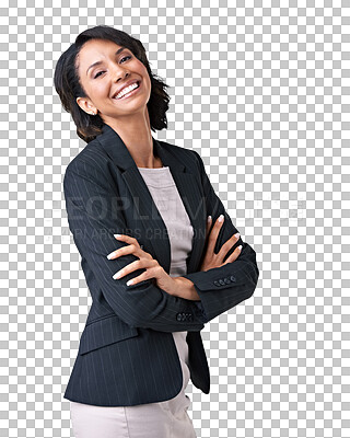 Buy stock photo Portrait, lawyer and woman with arms crossed isolated on a transparent png background. Confidence, professional and happy entrepreneur, attorney and person from Brazil with pride for business success