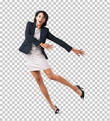 Buy stock photo Fall, trip and accident of business woman shocked or surprised about failure or crisis. African person portrait falling down from corporate job or bankruptcy isolated in transparent, png background