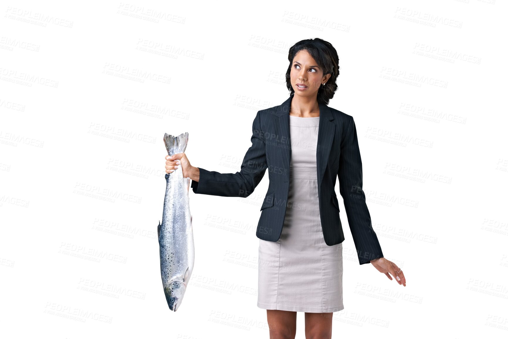 Buy stock photo Confused, fish and businesswoman with worry, unsure or contemplating face expression. Question, disgust and professional female corporate lawyer with sea animal isolated by transparent png background