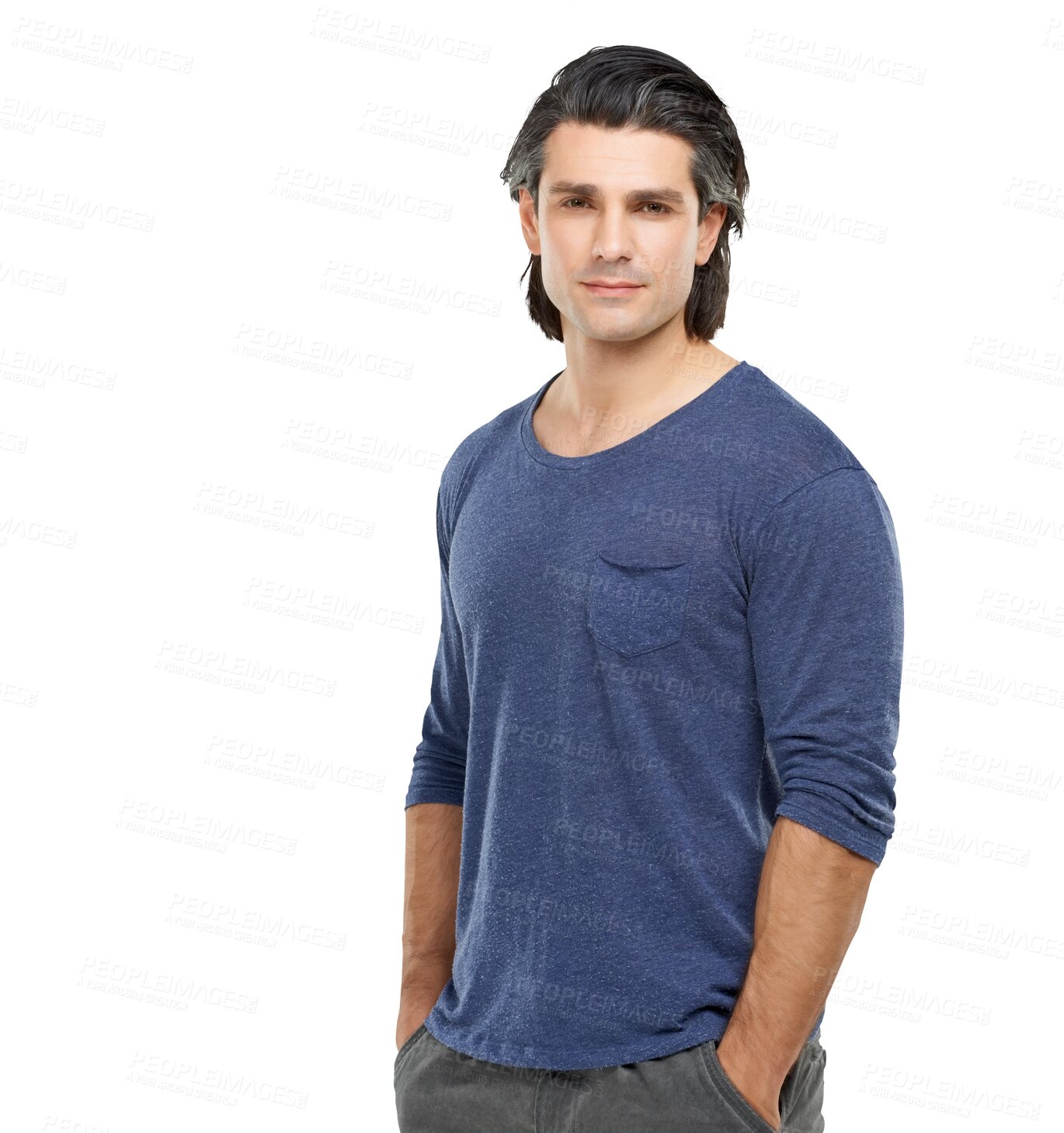 Buy stock photo Isolated, mature man and long hair in portrait with fashion, confidence and transparent png background. Handsome guy, hipster aesthetic and model with clothes, trendy style and casual with pride