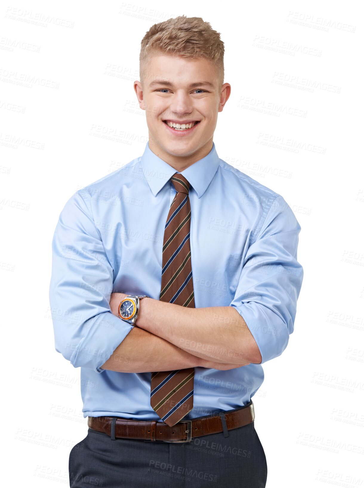 Buy stock photo Portrait, business man and accountant with arms crossed isolated on a transparent png background. Confidence, smile and male professional, entrepreneur and auditor from Canada with pride in career.