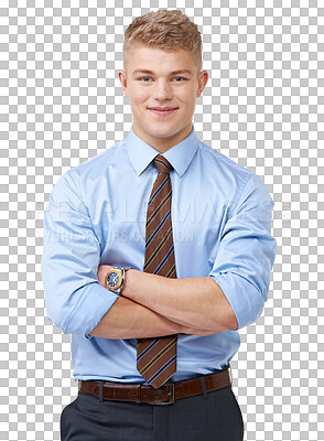 Buy stock photo Portrait, arms crossed and internship with a business man isolated on transparent background. Corporate, professional and ambition with a young male employee ready for his new job as an intern on PNG
