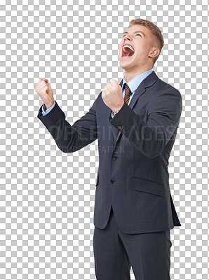 Buy stock photo Frustrated, scream and business man fist for corporate fail, mistake or crisis isolated on transparent png background. Anger, stress and professional person in suit shout, angry and power or problem
