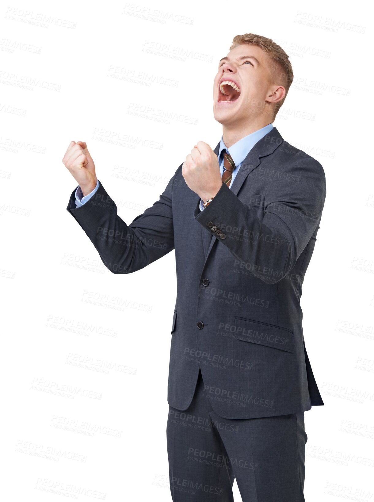 Buy stock photo Frustrated, scream and business man fist for corporate fail, mistake or crisis isolated on transparent png background. Anger, stress and professional person in suit shout, angry and power or problem