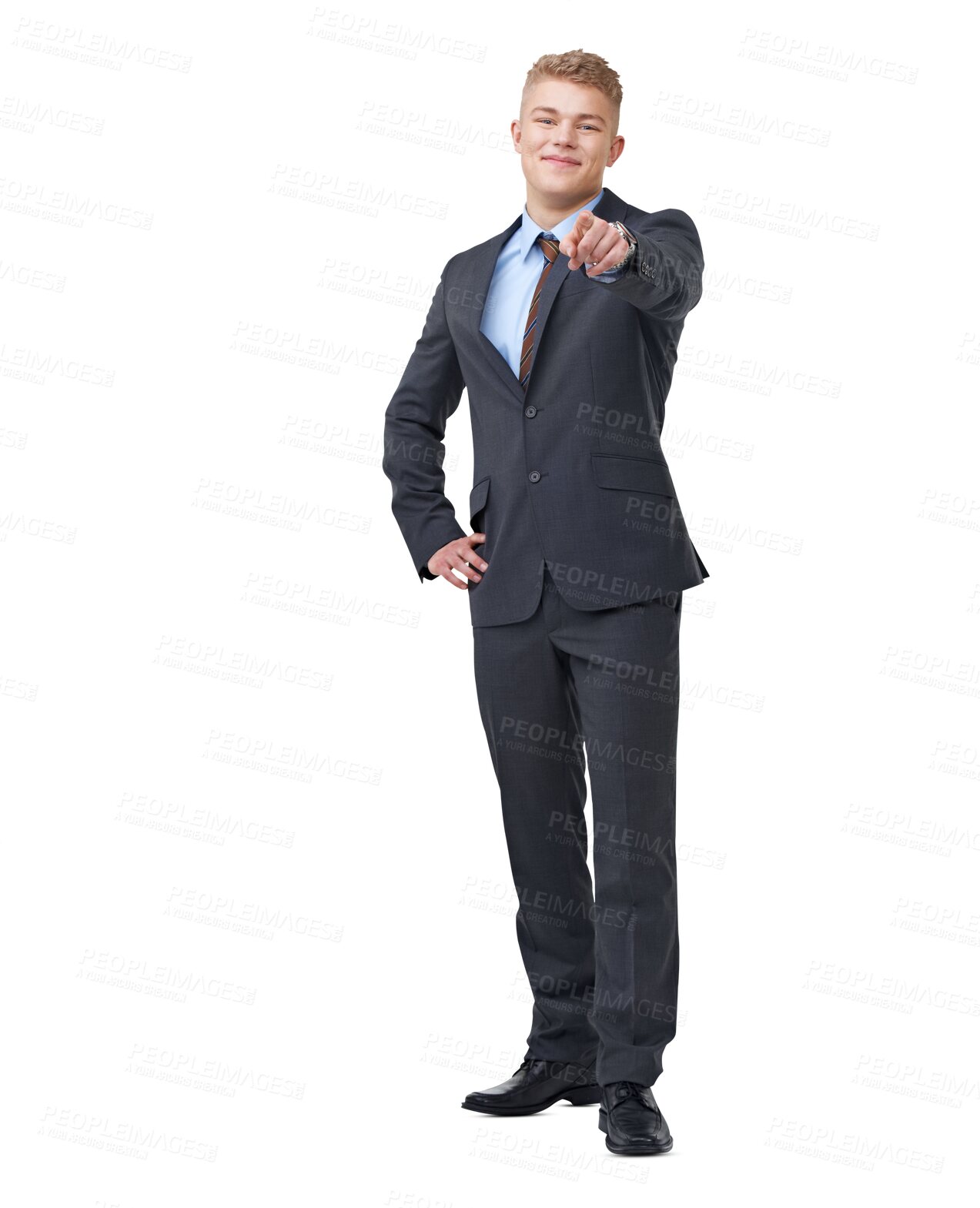 Buy stock photo Portrait, businessman or accountant pointing at you with smile isolated on transparent png background. Hand gesture, happy or proud auditor smiling with decision, accountability or choice selection