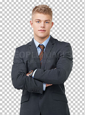 Buy stock photo Professional, businessman and portrait with arms crossed with pride or confidence on isolated, transparent or PNG background. Man, corporate and person in a suit with ambition for success in career
