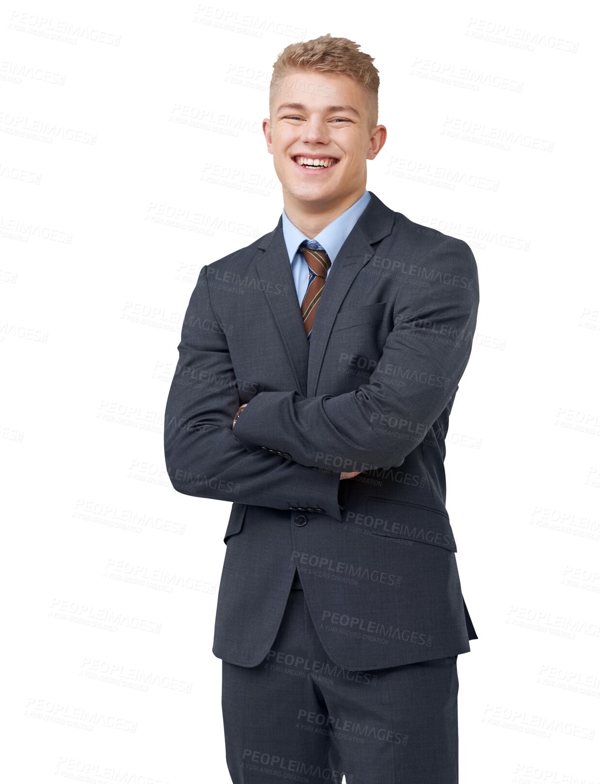 Buy stock photo Portrait, happy and businessman with arms crossed with confidence or pride in career on isolated, transparent or PNG background. Man, corporate and professional person in suit or ambition for success