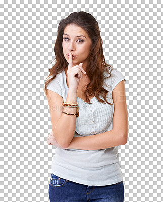 Buy stock photo Woman, gossip and secret in portrait for quiet with png for isolated and transparent background finger on lips. Silence, hush and face with privacy sign, emoji and whisper with announcement or news.