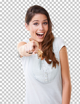 Buy stock photo Portrait, funny and woman with selection, pointing to you and decision isolated against a transparent background. Face, female person and model with hand gesture, laughing and png with smile or joke