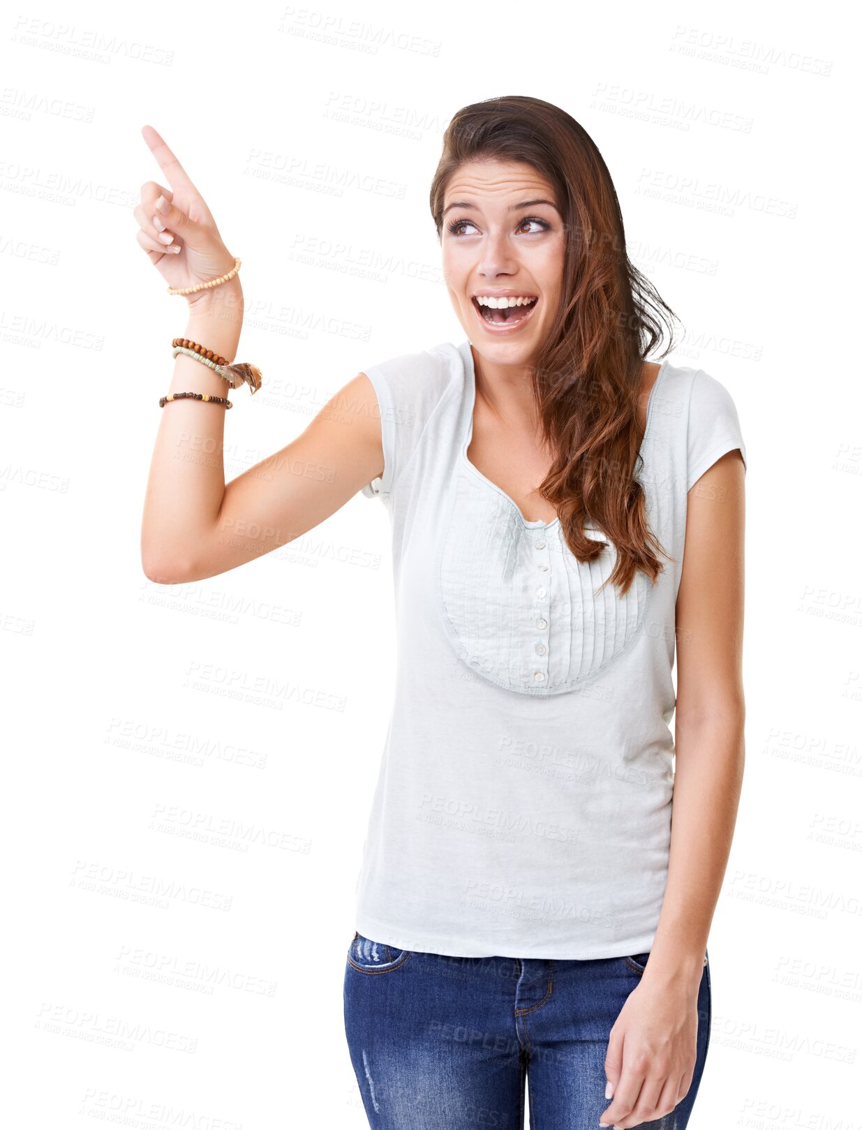 Buy stock photo Excited, presentation and woman pointing in advertising, sale or promo isolated on transparent png background. Wow, surprise and happy person or model show ideas, fashion news or creative information