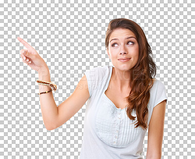 Buy stock photo Woman is pointing at advertising promo, announcement and branding isolated on png transparent background. Young female model, ambassador and brand marketing with news, opportunity and presentation