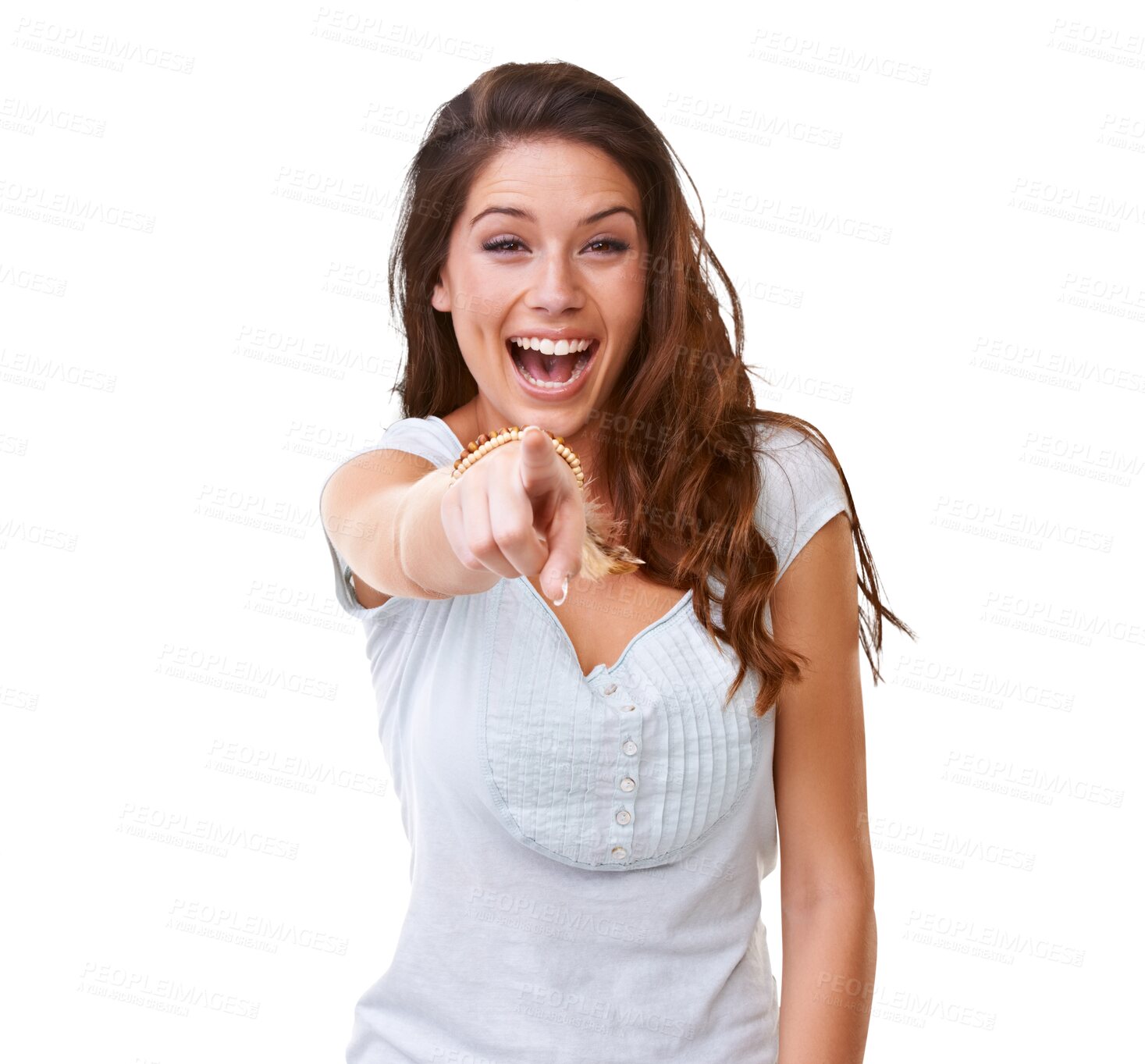 Buy stock photo Portrait, excited and woman pointing to you for winning, success and selection, choice or funny gesture. Face of person in wow, laughing and vote or decision isolated on transparent png background