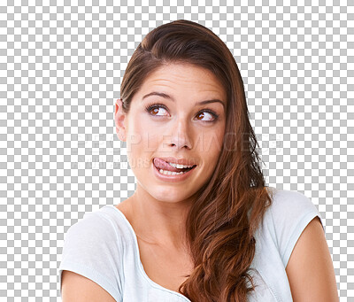 Buy stock photo Face, thinking and woman lick lips for idea isolated on a transparent, png background. Delicious, advertising and headshot of a female model person think of promotion, decision or choice while hungry