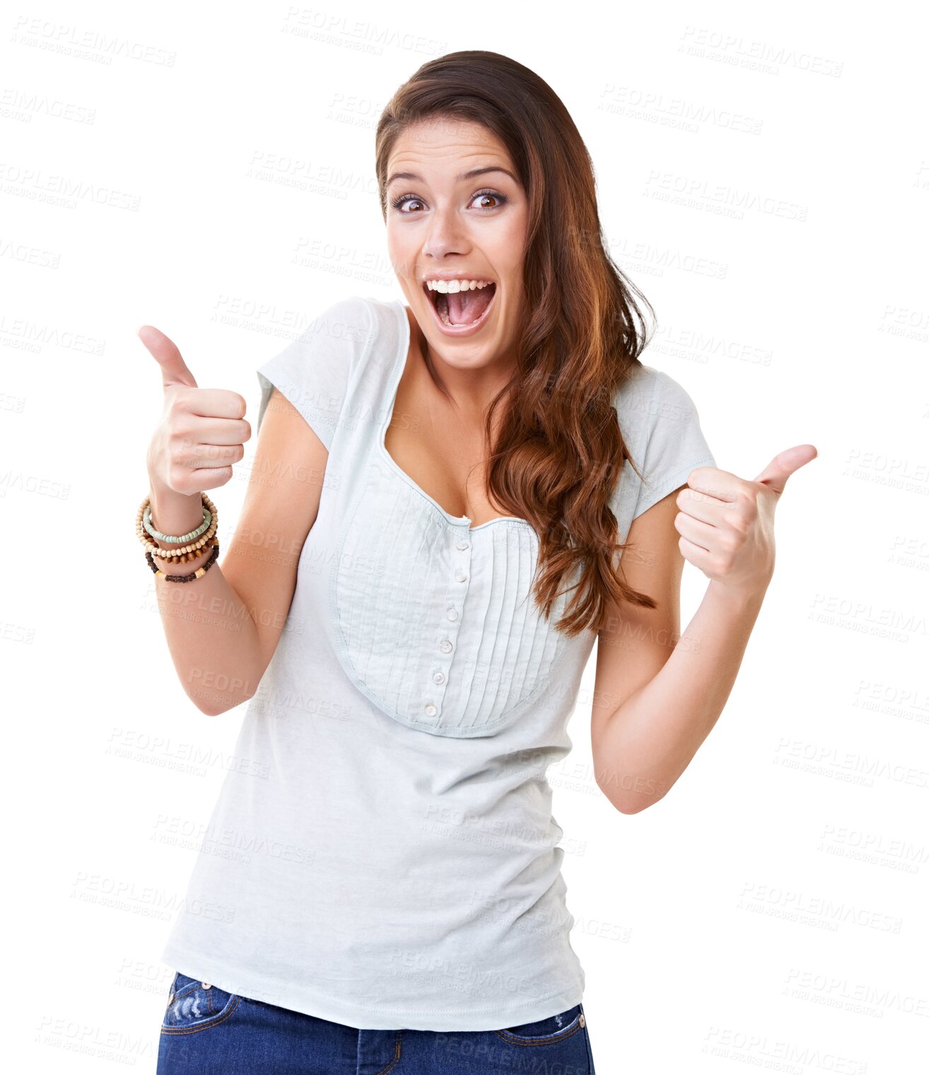 Buy stock photo Excited, woman and thumbs up, agreement and support, positive feedback isolated png transparent background. Motivation, feedback and vote, like emoji and happy female model in portrait with success