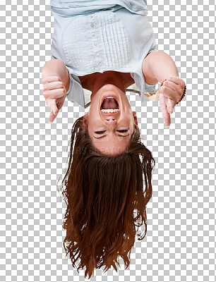 Buy stock photo Woman is upside down, excited and pointing at camera, crazy and playful isolated on png transparent background. Choice, hand gesture and fun decision with goofy female model, portrait and cheers