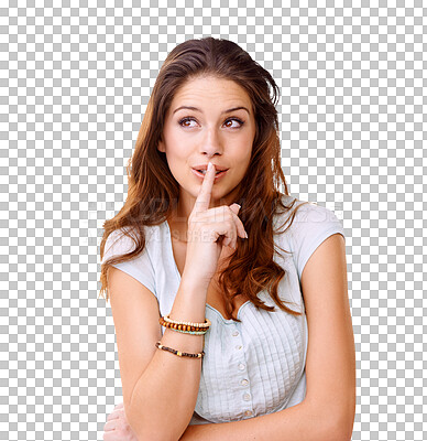 Buy stock photo Finger, lips and woman with privacy or idea or png and isolated or transparent background with whisper. Secret, hush and sign with confidential or news with emoji for quiet or gossip with mystery.