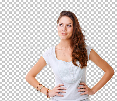 Buy stock photo Face, thinking and smile of woman for idea isolated on a transparent, png background. Hands on hips, advertising and happy female model person think of promotion, decision or choice and solution