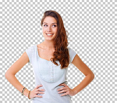 Buy stock photo Smile, thinking and woman with hands on hips isolated on a transparent png background. Happy female model think of decision, memory and choice of ideas, brainstorming and planning vision in mind
