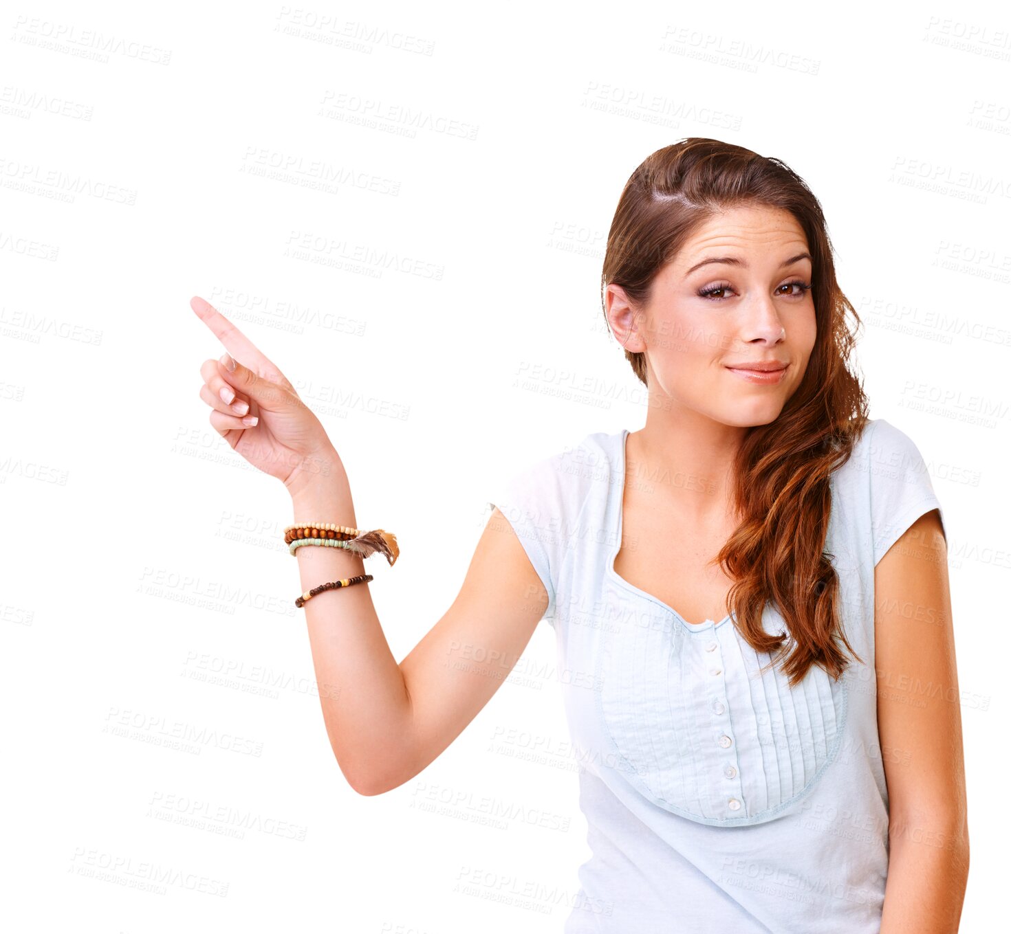 Buy stock photo Woman is pointing at advertising promo, news and promotion isolated on png transparent background. Young female model, ambassador and brand marketing with announcement, opportunity and presentation