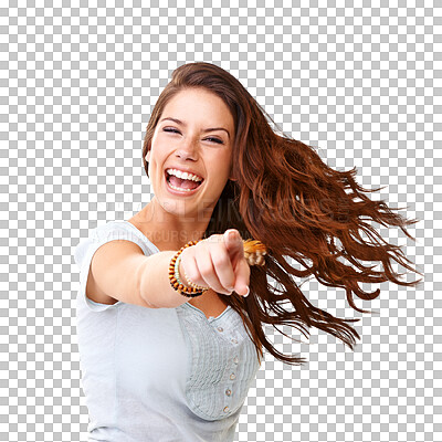 Buy stock photo Funny, portrait of a woman pointing and laughing isolated against a transparent png background. Comedy or comic humor, goofy emotion and young female person point her finger for crazy joke