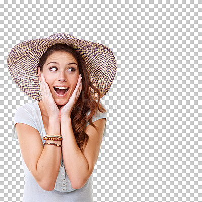 Buy stock photo Woman, happy surprise and face with hat for summer, fashion or excited for holiday travel on isolated, transparent or png background. Girl, wow and smile for celebration, vacation or tropical style