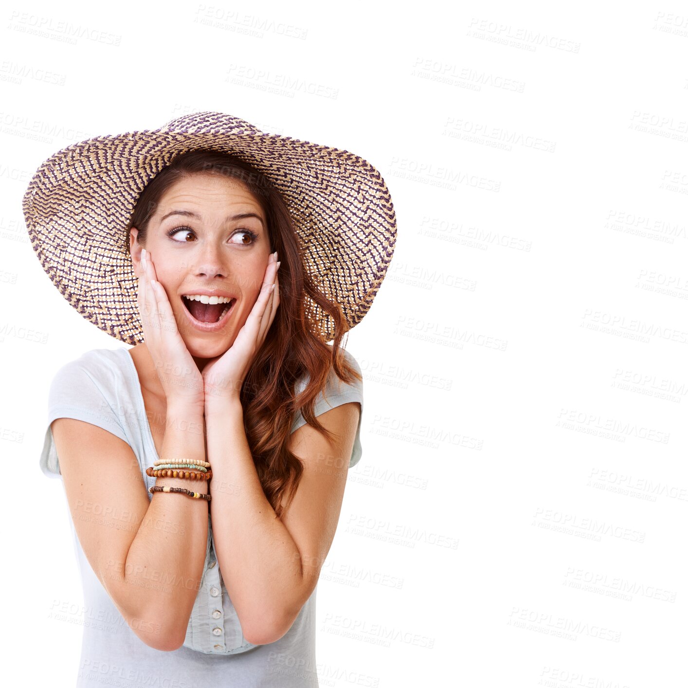 Buy stock photo Woman, happy surprise and face with hat for summer, fashion or excited for holiday travel on isolated, transparent or png background. Girl, wow and smile for celebration, vacation or tropical style