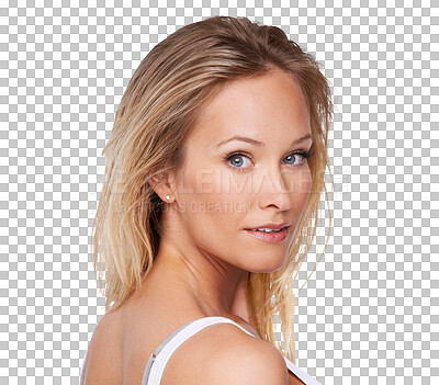 Buy stock photo Face, portrait and woman isolated against a transparent png background for confidence. Natural beauty, elegant or health wellness and young female person looking over her shoulder for skincare