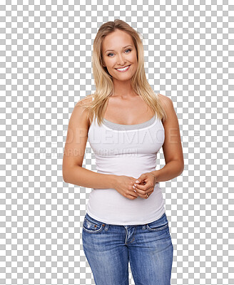 Buy stock photo Happy, portrait of a woman with a smile and isolated against a transparent png background in Denmark. Positive or happiness, confident or elegance and smiling female person pose for casual style