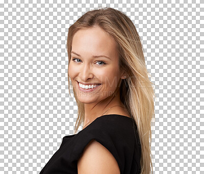 Buy stock photo Portrait, beauty and happy woman with cosmetics happiness, skincare and makeup isolated on transparent png background. Face, smile and person or model from USA with dermatology and skin care results