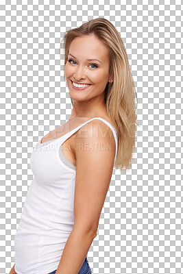 Buy stock photo Portrait, smile and woman with beauty and fashion, hair care and cosmetics isolated on transparent png background. Designer summer clothes, young female model and skin with glow and casual style