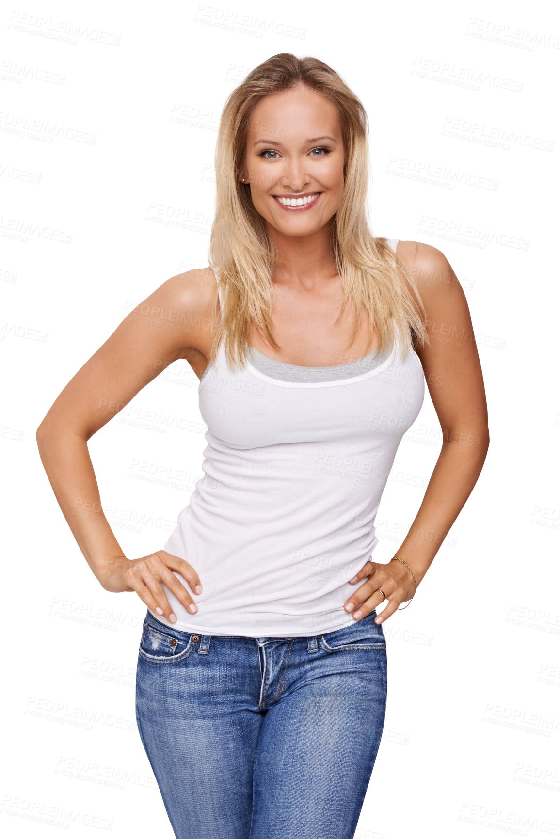 Buy stock photo Happy, beauty and casual portrait of a woman isolated on transparent, png background. Smile, confidence and female person from Canada with positive mindset, fashion and casual style with hands on hip