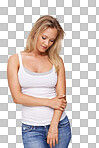 PNG of a gorgeous young woman holding her arm and looking down