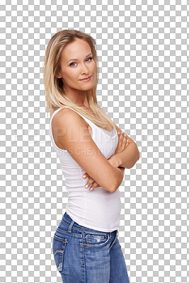 Buy stock photo Pride, portrait and woman with arms crossed with confidence, empowerment or natural beauty on isolated, transparent or PNG background. Girl, face and serious in casual denim, jeans or cool fashion