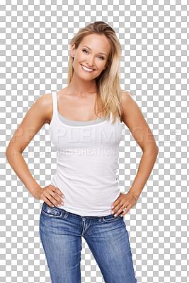 Buy stock photo Portrait, confident and happy woman in casual fashion, beauty and posing isolated on png transparent background. Designer jeans, attractive and young with female model, feminine and pride with style