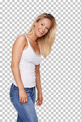 Buy stock photo Casual, beauty and portrait of a woman with a fashion, stylish and cool outfit with confidence. Happy, smile and young female model from Canada with style isolated by a transparent png background.