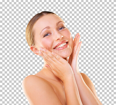 Buy stock photo Skin care, beauty and face of happy woman for dermatology, cosmetic or natural makeup. Female person portrait with hands for self love, facial glow or wellness isolated on transparent, png background