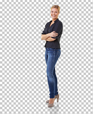 Buy stock photo Happy, portrait of a woman with her arms crossed and isolated against a transparent png background. Success or achievement, happiness of confidence and excited or cheerful female person smile