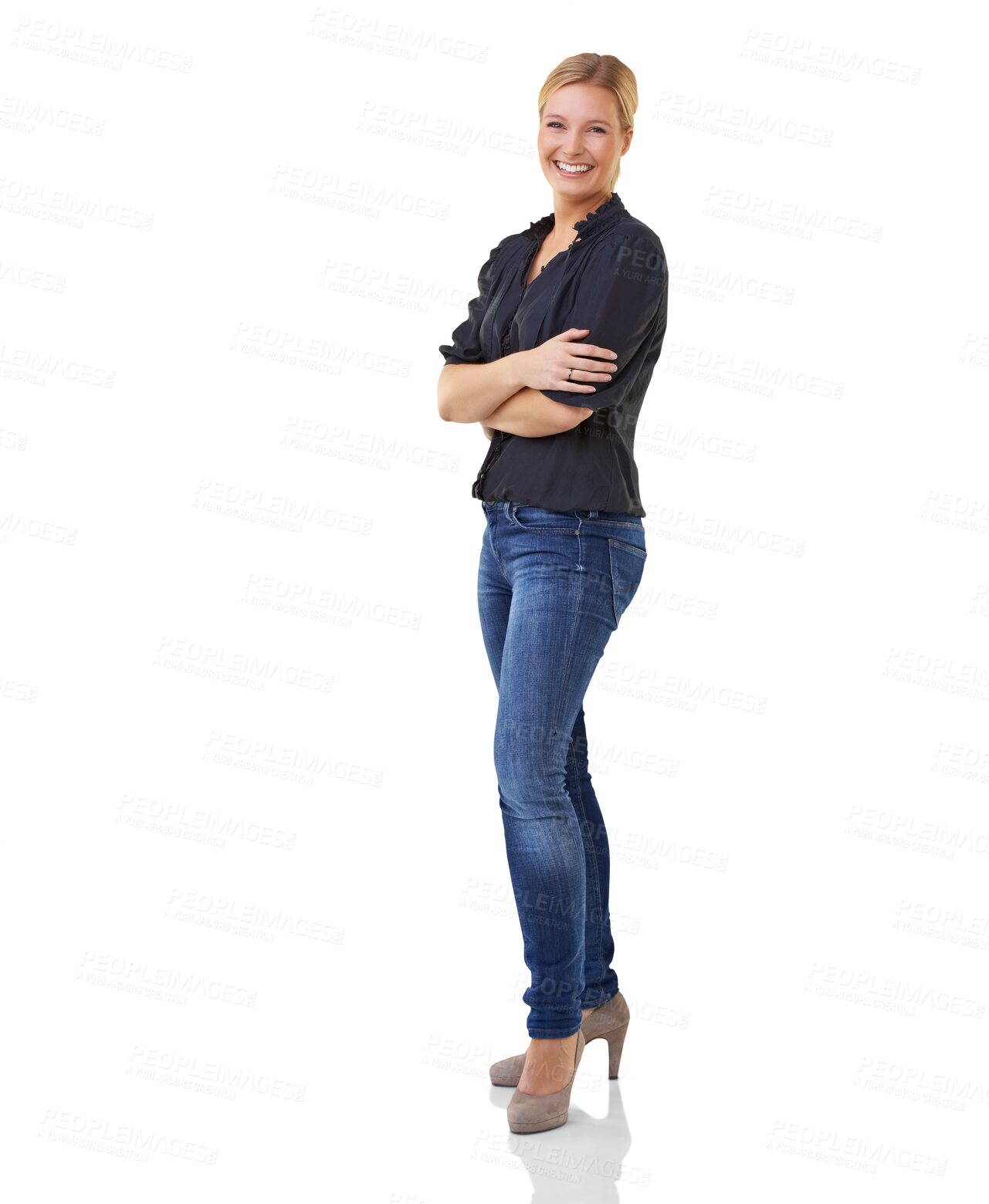 Buy stock photo Happy, portrait of a woman with her arms crossed and isolated against a transparent png background. Success or achievement, happiness of confidence and excited or cheerful female person smile