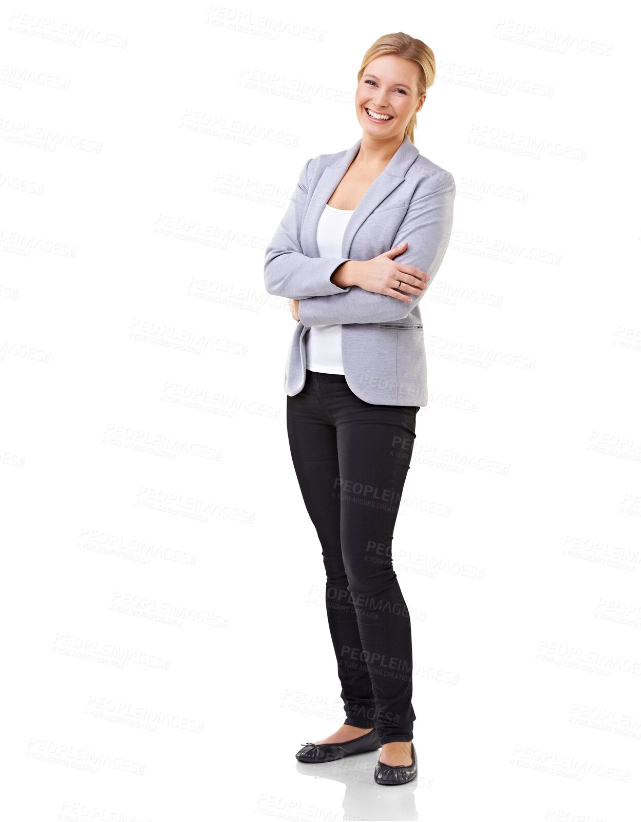 Buy stock photo Happy, portrait and business woman arms crossed, professional fashion and confidence in human resources. Smile, body and corporate worker, hr employee or person isolated on transparent png background