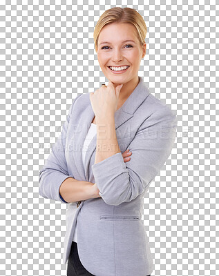 Buy stock photo Portrait, lawyer and smile of business woman isolated on a transparent png background. Confidence, employee and happy female professional, attorney or person from Switzerland with success mindset