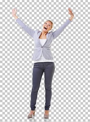 Buy stock photo Winning, success and business woman with arms in air for celebration, yes and wow of bonus, news or lottery. Freedom, wow and excited person or winner celebrate isolated on transparent png background