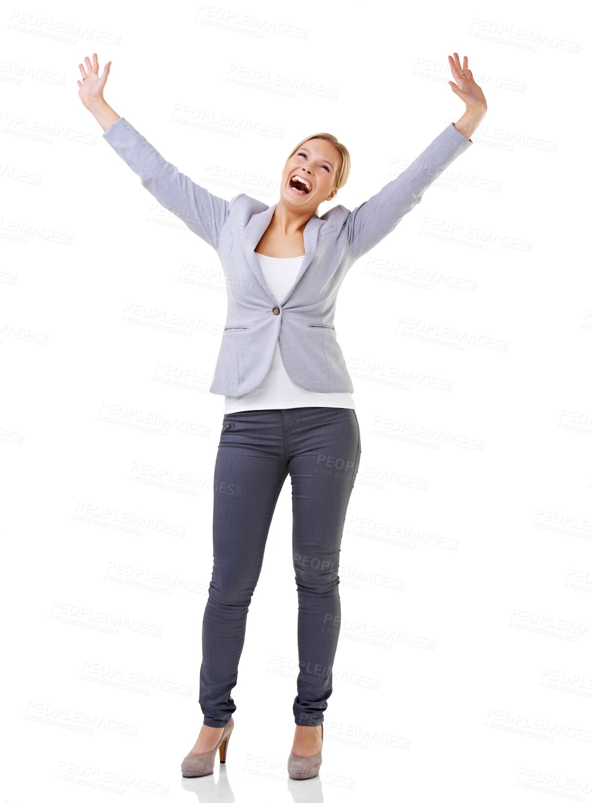 Buy stock photo Winning, success and business woman with arms in air for celebration, yes and wow of bonus, news or lottery. Freedom, wow and excited person or winner celebrate isolated on transparent png background