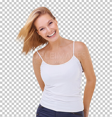 Buy stock photo Happy, portrait of a woman smile and isolated against a transparent png background. Happiness or motivation, confidence or positive and excited or cheerful young female person smiling for good news