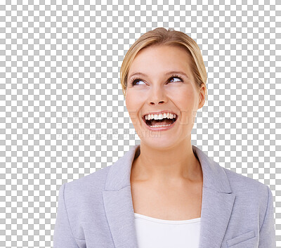 Buy stock photo Business woman, laughing and thinking of future, professional mindset or isolated on transparent png background. Confidence, happy female person and corporate with positivity, funny joke and idea