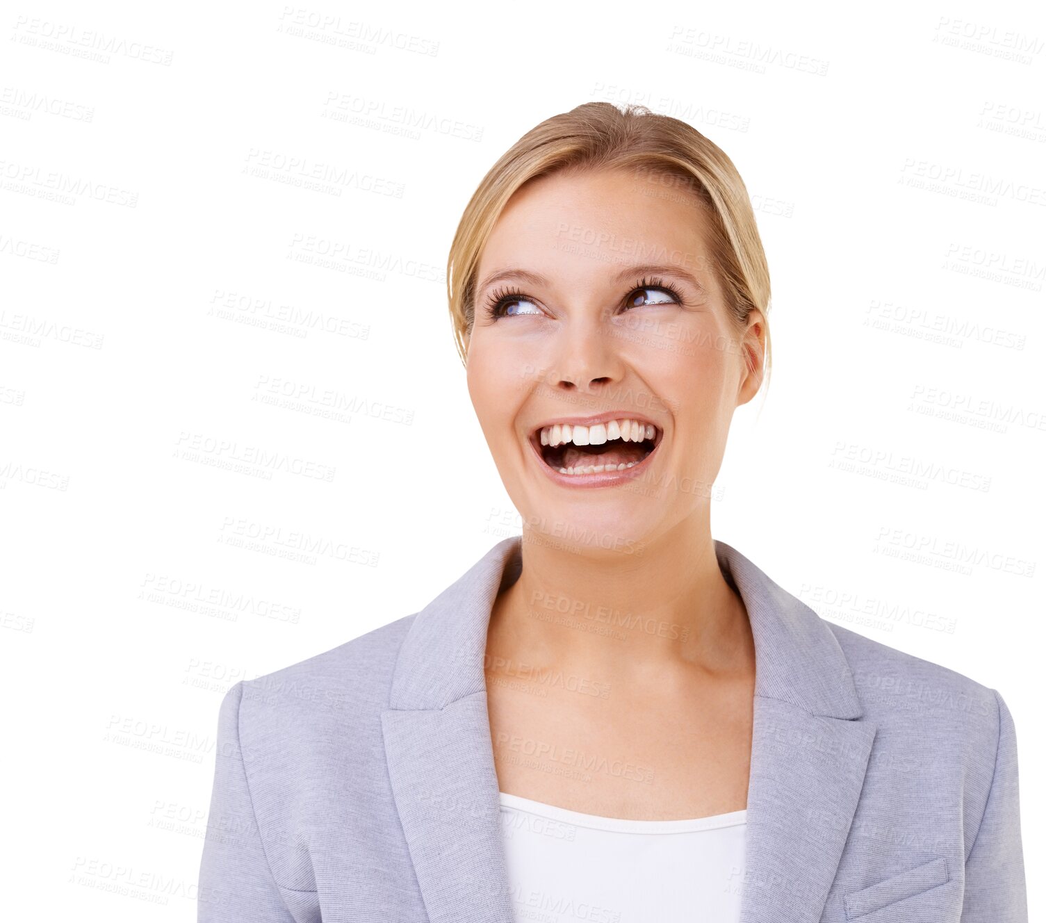 Buy stock photo Business woman, laughing and thinking of future, professional mindset or isolated on transparent png background. Confidence, happy female person and corporate with positivity, funny joke and idea